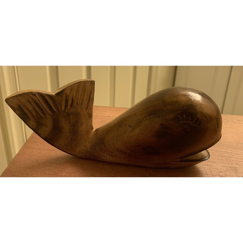 Vintage Wooden Whale Figurine‎ Hand Carved Wood Ocean Nautical Sculpture 7"x3"